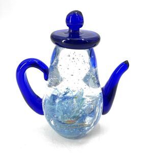 Dynasty Gallery Cobalt to Clear Blown Art Glass Teapot Paperweight 6”